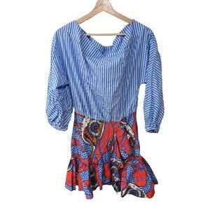 Stella Jean Sz 40 Combo Mini Dress Ruffle Blue Red Cotton Hourglass Off Shoulder